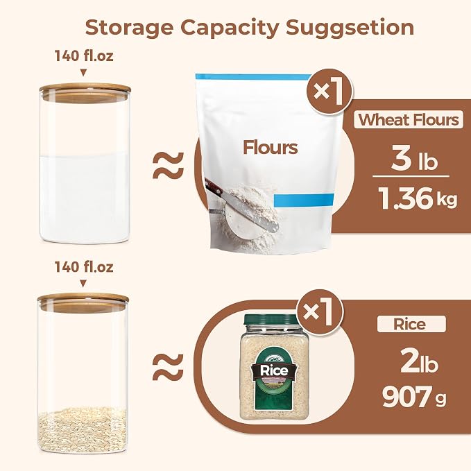 ComSaf Glass Jar with Airtight Lid (140 oz/4 liter/1.1 Gallon), Large Glass Food Storage Container with Bamboo Lid, Jars with Lids for Food
