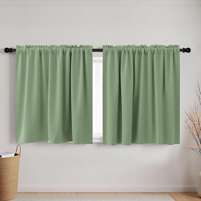 KOUFALL Sage Green Small Curtains for Bathroom Windows Rod Pocket Storage Under Cabinet Covers for Kitchen 24 Inch Length