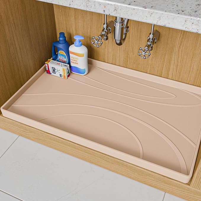 Under Sink Mat 28" x 19", Waterproof Silicone Cabinet Liner Tray, Leakproof Under Sink Organizer for Kitchen Bathroom, Non-Slip Shelf Protector, Oil-Resistant, Easy to Clean, Durable