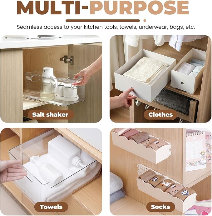 LELE LIFE Adhesive Pull Out Cabinet Drawer Sliders, Drawer Bin Organizer Sliding Rails Guides, No Drill DIY Basket Slides Bottom Mount for Shelf (4 Pack)