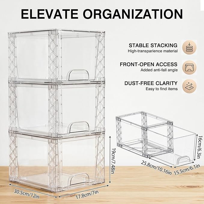 Plastic Stackable Drawers 8 Pack, 7in Bathroom Organizers and Storage Boxes Simply Assembled Containers Bins Suitable for Cosmetics, Kitchen, Cabinets, Snack