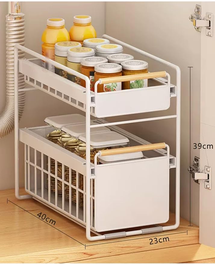 Pull Out Shelf Kitchen Storage Drawer- Slide Out Drawers for Kitchen Cabinets No Drill Shelves(Milk,40x23x39 cm)