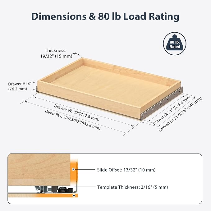 Pull Out Drawers for Cabinets - Birch Wood Pull-Out Drawer 32" W x 21" D - Soft Close Slide Out Shelves for Kitchen Cabinets & Pantry Cabinet Organizer, Heavy Duty, Full-Extension