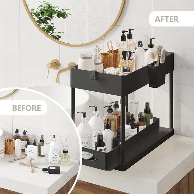 Hearth & Harbor 2-Tier Under Sink Organizer, Black, Plastic, 12" H x 8" W x 15.5" L