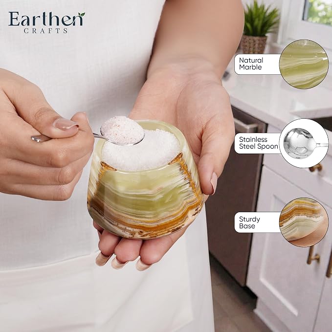 Marble Salt Cellar with Lid Green 3 Inches Salt Box Spice Storage Container Seasoning Jar with Spoon, Modern Salt Keeper for Kitchen Countertop, 3 OZ Capacity