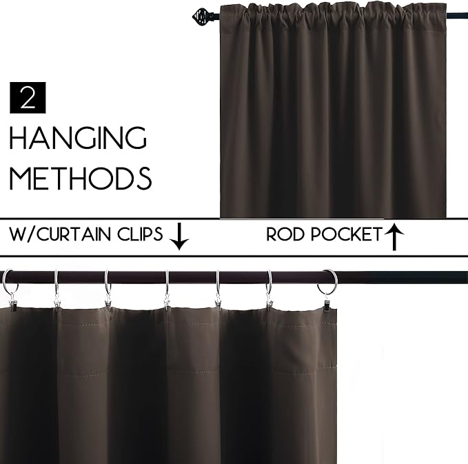 KOUFALL 30 Inch Small Window Curtains, Thermal Blackout Curtains for Kitchen Over Sink Bathroom Window Cabinet Bedroom, 34W x 30 in Length, Chocolate Brown