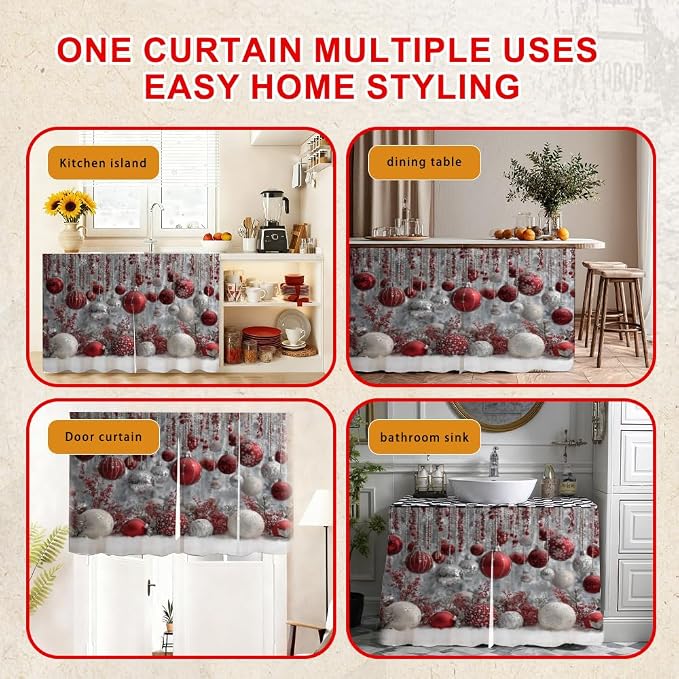 Self Adhesive Red & Silver Bauble Cabinet Curtain for Mother's Day, 39x28 Inch Sparkling Ornaments Under Sink Skirt No Drill, Spring Cleaning Kitchen Decor, Hook and Loop Valance