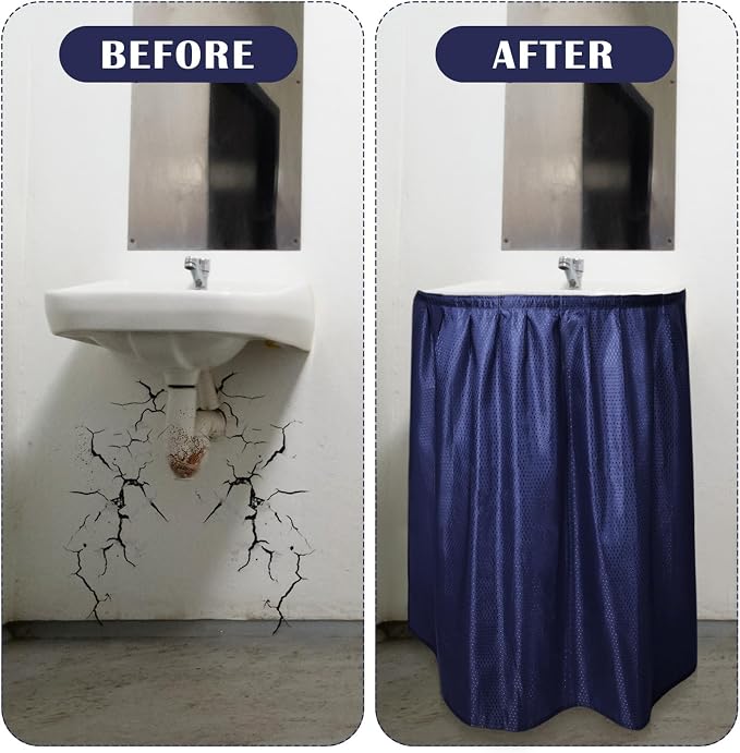 Fabric Sink Skirt Diamond Bathroom Stitch Self Stick Adhesive Waterproof Fabric Under Sink Curtain Skirt 55 x 32 Inch Adds Bathroom Storage(Dark Blue,Fashion Style)