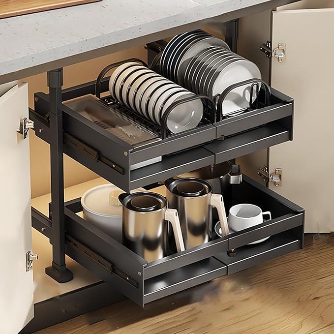Pull Out Kitchen Cabinet s Sliding Drawers for Cupboard No Drill No Nail Slide Out Storage Solution Black Size S Maximize Kitchen Space Efficiently，Black Double Layer_26*42 * 52