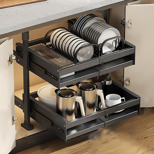 Pull Out Kitchen Cabinet s Sliding Drawers for Cupboard No Drill No Nail Slide Out Storage Solution Black Size S Maximize Kitchen Space Efficiently，Black Double Layer_26*42 * 52