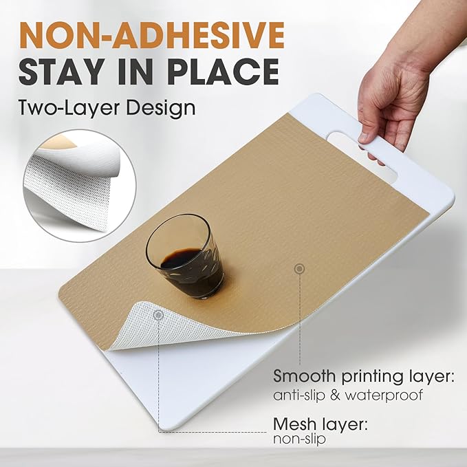 Drawer and Shelf Liner, Non-Slip Kitchen Cabinet Liners Non-Adhesive Thick Strong Grip Waterproof Washable Mats Protect Dresser Shelves Cupboard Bathroom Cabinets, Beige, 18 in X 10 FT