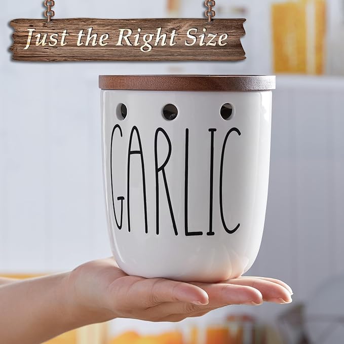 DAYYET Large Garlic Keeper for Counter, Ceramic Garlic Keeper with Acacia Wood Lid, Garlic Holder Storage Container, Garlic Saver for Kitchen, Farmhouse Kitchen Decor and Accesorries, White