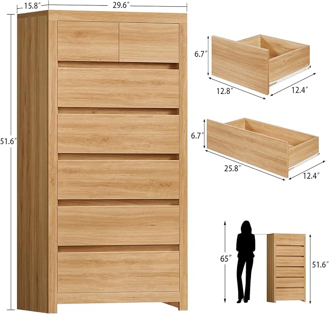 TEENFON 51.6" Tall Dresser for Bedroom with 7 Drawers, Modern Dressers & Chests of Drawers with Metal Handles, Wooden Dresser TV Stand, Bedroom Dressers, for Bedroom, Hallway, Natural