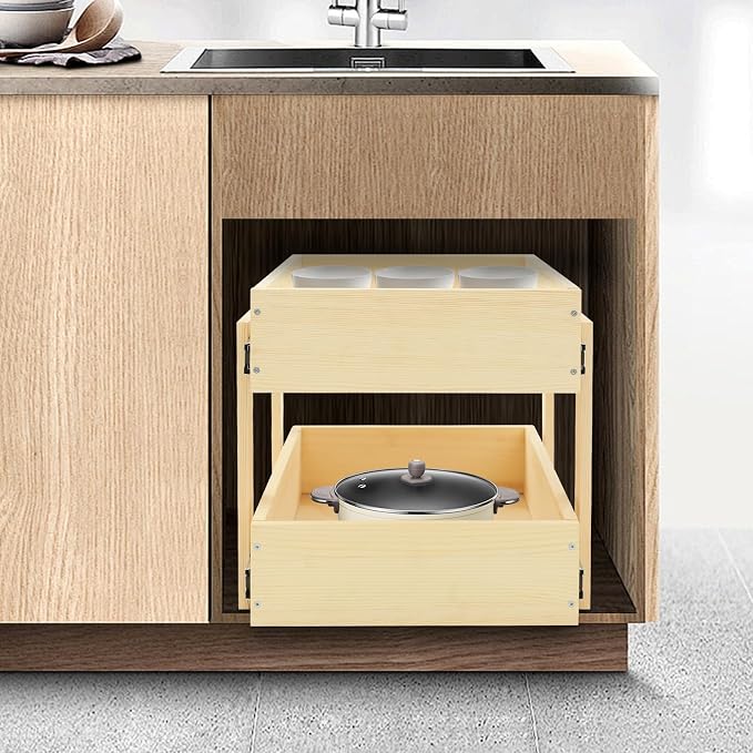 Pull out Cabinet Organizer, 2-pack, No Drill Adjustable Slide out Drawers for Kitchen,Pantry,Adhesive Roll out Shelves,for Cabinets Without Lip,White