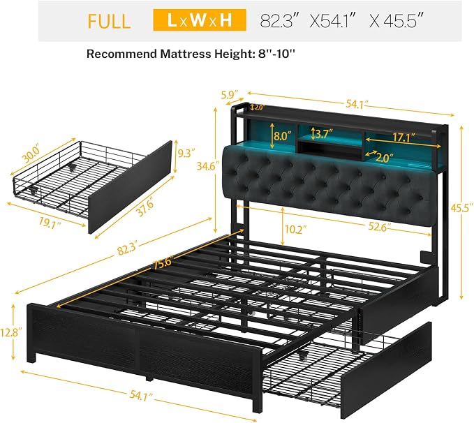 TEENFON Full Size Bed Frame with Storage 4 Drawers & LED Lights, Upholstered Headboard with Shelves and Built in Charging Station, Metal Platform Noise-Free/No Box Spring Needed, Black