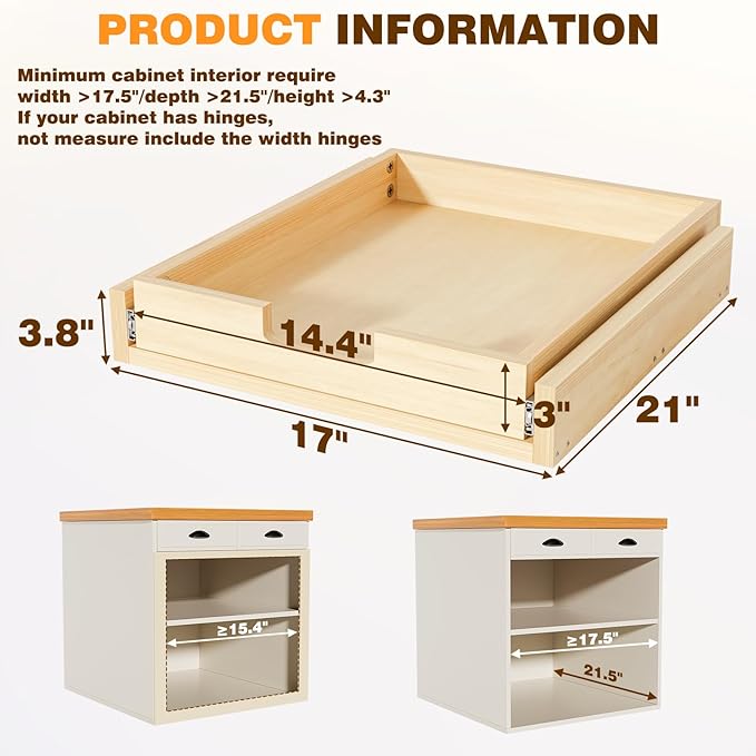 Pullout Cabinet Organizer, 17''W×21''D×3''H Slide Out Shelves for Kitchen Cabinets, Pull out Drawers for Kitchen Cabinets, Pantry, Bathroom, & Storage Organization
