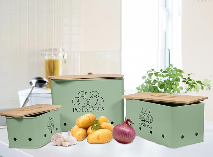 Kitchen Vegetable Storage Tins Set of 3 for Potato Onion & Garlic with Wooden Lid and Aerating Holes, Kitchen Storage Canisters Set, Vintage Kitchen Decor - Green