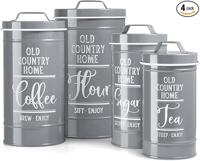 DAYYET Gray Canisters Sets for the Kitchen, Airtight Kitchen Canisters for Countertop, Flour and Sugar Containers, Tea Coffee Sugar Canister Set, Gray Kitchen Decor and Accessories, Set of 4