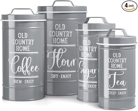 DAYYET Gray Canisters Sets for the Kitchen, Airtight Kitchen Canisters for Countertop, Flour and Sugar Containers, Tea Coffee Sugar Canister Set, Gray Kitchen Decor and Accessories, Set of 4