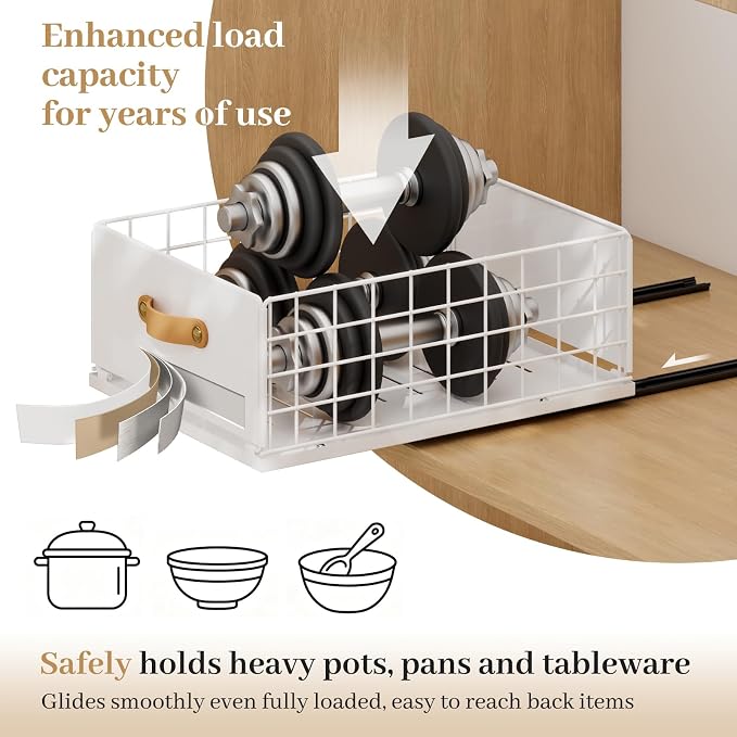 Pull Out Cabinet Organizer, No-Drill Pantry Drawers, Slide Out Shelves with Bamboo Risers for Lipped Cabinets,Ideal for Kitchen, Bathroom & Under Sink Storage (White, 15.8" Wide-21 Deep)
