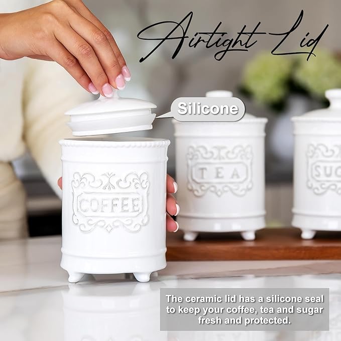 25DOL 35 Ounce Elegant Ceramic Kitchen Canisters Set of 3 - Beautifully Engraved Coffee Tea Sugar Storage Containers Airtight with Feet for Added Style and Stability - Ceramic Jar with Airtight Lid