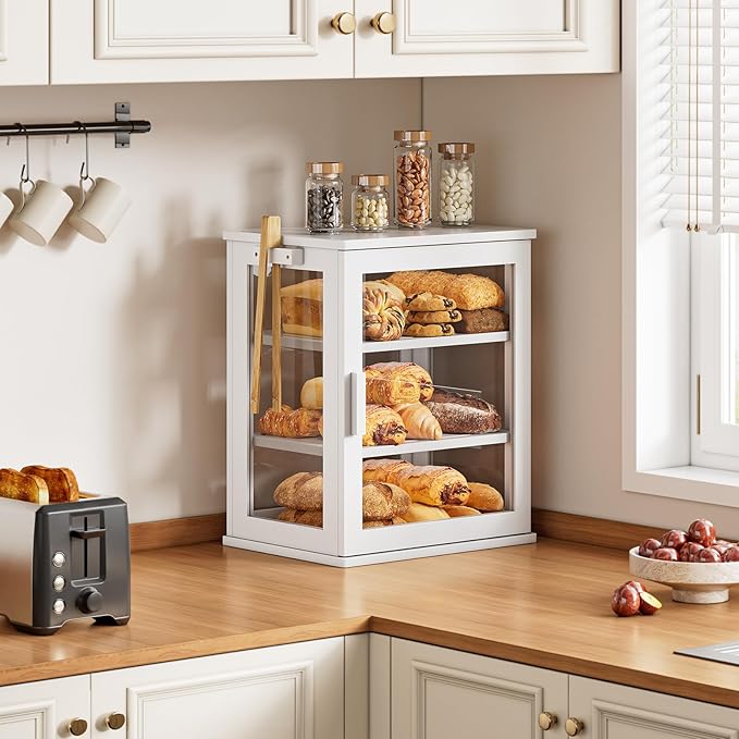 WOWLIVE Bread Box for Kitchen Countertop, Large 3 Layers Bread Storage Container for Homemade Bread with Window, Farmhouse Breadbox Organizer for Kitchen, Cabinet, Pantry (White, Meduim)