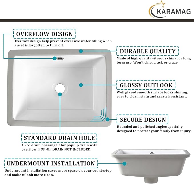 18 Inch Undermount Bathroom Sink Small Rectangle Undermount Sink White Ceramic Under Counter Bathroom Sinks with Overflow (18.3"x13.8")