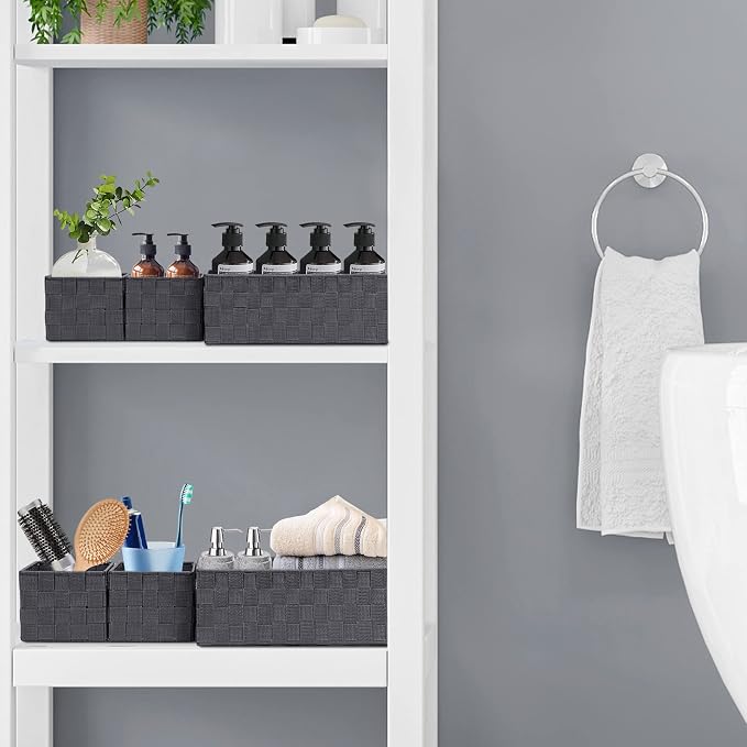 Posprica Woven Storage Baskets for Organizing 6 Pack, Large&Small Storage Cube Bins Set for Bathroom, Storage Boxes Container for Drawer, Closet, Shelf, Dresser, Dark Grey
