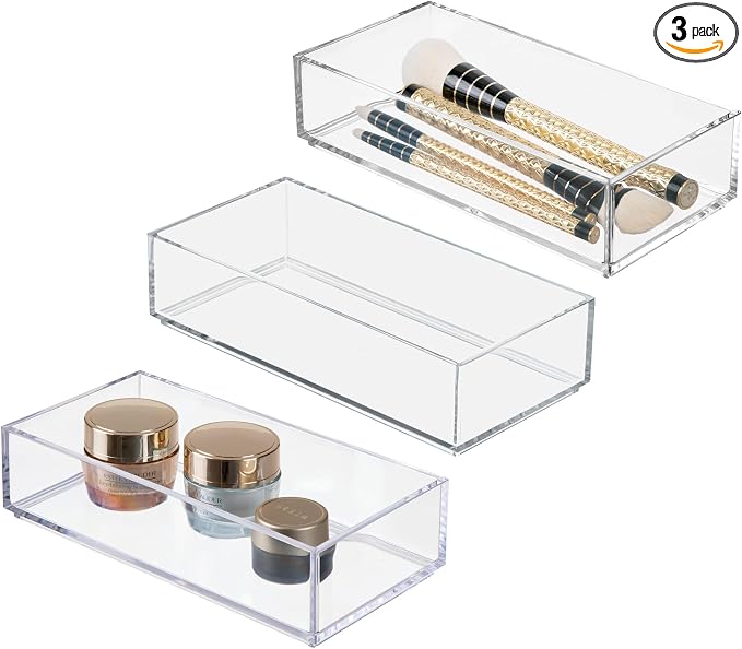 iDesign Stackable Makeup Drawer Organizer - Vanity Organizer or Desk Organizer, Set of 3, Clear