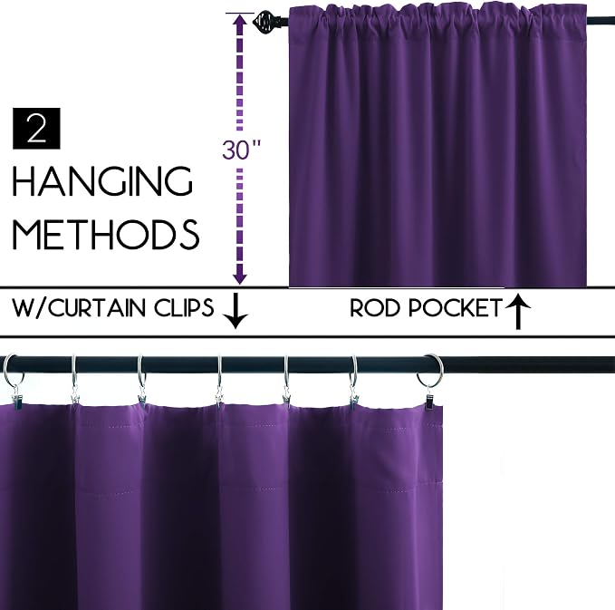 KOUFALL Dark Purple Curtains for Bathroom Window,Small Curtains for Kitchen,Royal Purple,30 Inch Length