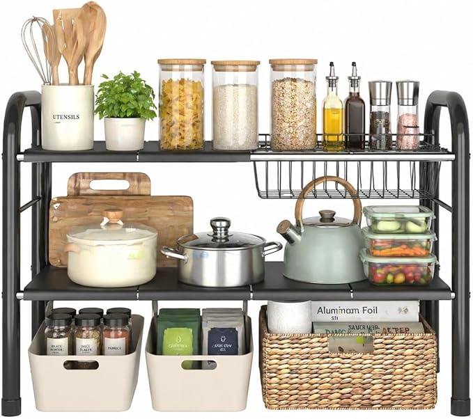 Expandable 2 Tier Under Sink Organizer for Kitchen and Bathroom - with 2 Storage Baskets and 6 Removable Panels, Adjustable Height Metal Storage Shelf Fits Pipes, Black (Width 28.74 to 34.5 Inch)