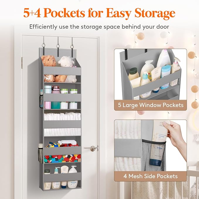 Lifewit 1 Pack Over the Door Organizer, Clear Window Hanging Storage with 4 Side Pockets, Anti Tilt 40 lbs Load Behind Door for Pantry, Nursery, Bathroom, Bedroom, Dorm, 5 Section, Gray