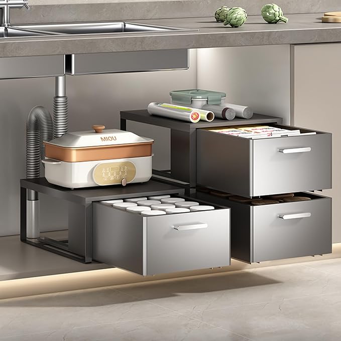 No Drill Pull Out Cabinet Organizer, 4 Pack Slide Out Drawer with Nano Film Fixed, Heavy Duty Sliding Pantry Storage Drawer (Gray 30x41x17.2cm)