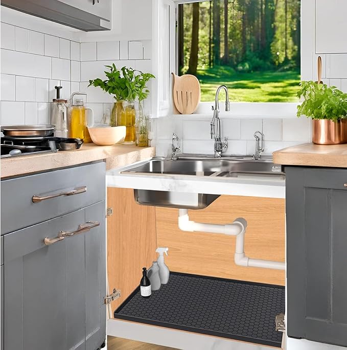 Under Sink Mat 31 x 19, Silicone Under Sink Liner for Kitchen Waterproof Bathroom Cabinet Mat, Black