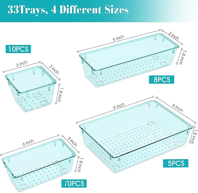 StorMiracle 33 PCS Clear Plastic Drawer Organizers Set, 4 Size Desk Drawer Organizer Trays for Makeup, Jewelry, Kitchen Utensils, Gadgets and Office Accessories, Sea Blue