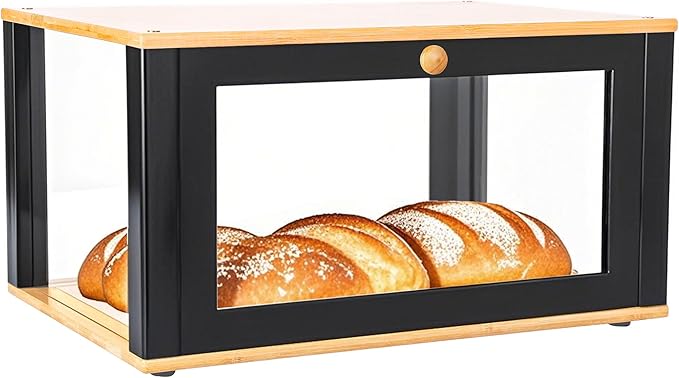 ETMI Bamboo Bread Box for Kitchen Countertop - Large Black Bread Box Pastry Display case(Classic style)
