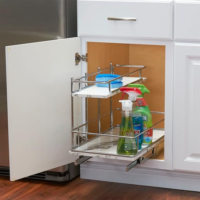 Household Essentials Chrome Steel and Faux Marble 2-Tier Undersink Organizer