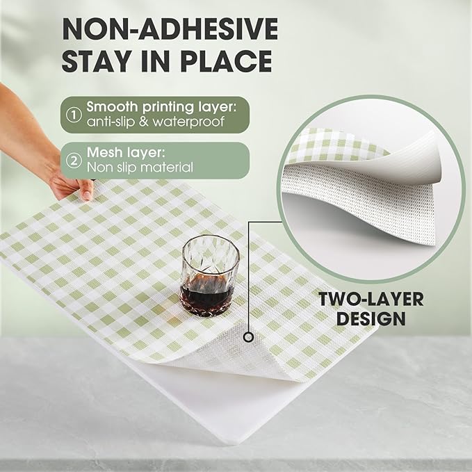 Drawer and Shelf Liner, Non-Slip Kitchen Cabinet Liners Non-Adhesive Thick Strong Grip Waterproof Washable Mats Protect Dresser Shelves Cupboard Bathroom Cabinets, Sage Green, 18 in X 20 FT