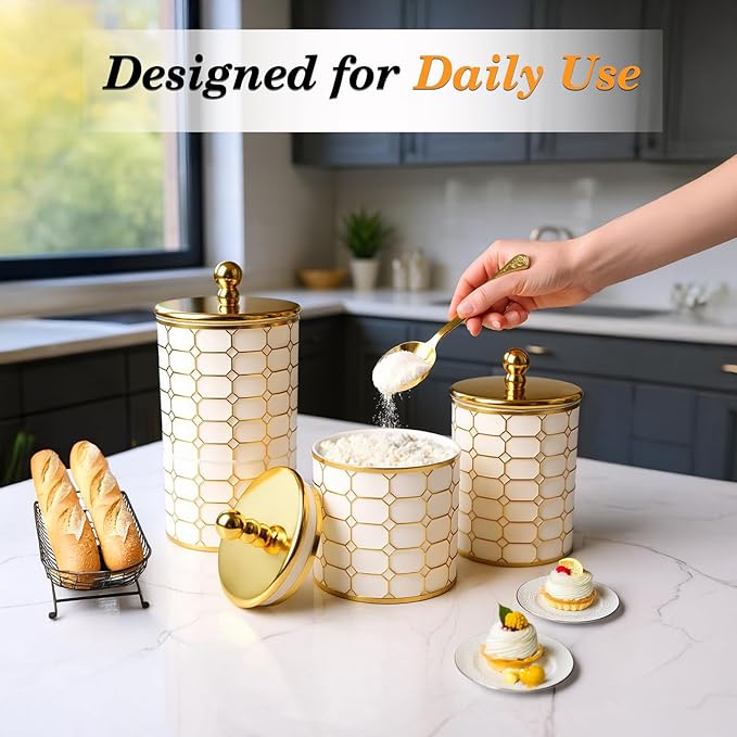 BigKing 3 Piece Plastic Canister Set for the Kitchen Counter - Sugar and Flour Containers with Airtight Lids for Countertops, Coffee and Tea Storage, Farmhouse Decor (Flat Lid)