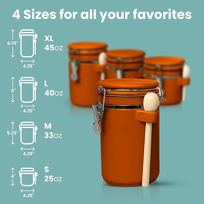 Home Intuition Ceramic Kitchen Canisters Set of 4 with Wooden Spoon Set – Airtight Containers, Metal Latches for Utmost Freshness – Sugar, Coffee, Flour, Tea & More | Rust