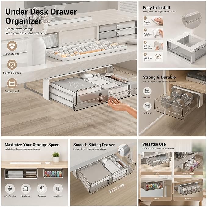 Under Desk Drawer Organizer, Hidden Pull-Out Storage with Large Capacity, Adhesive No Drill Under Desk Drawer for Office Desk Organization,L