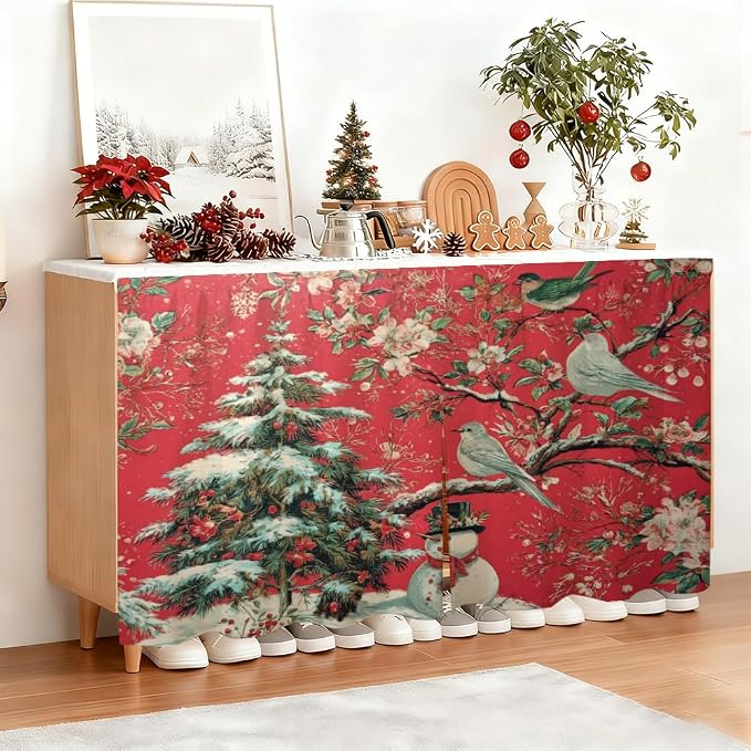 Self Adhesive Red Bird & Pine Tree Cabinet Curtain for Mother's Day, 39x28 Inch Vintage Floral Under Sink Skirt No Drill, Spring Cleaning Kitchen Decor, Hook and Loop Laundry Valance