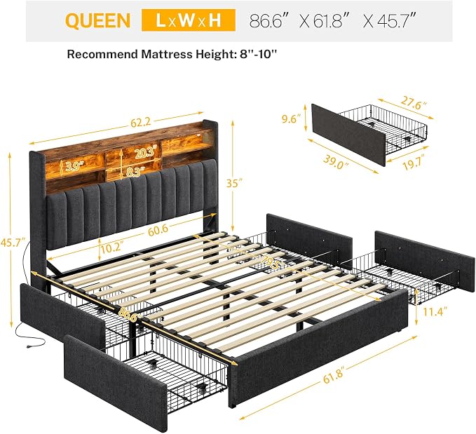 TEENFON Queen Bed Frame with Headboard and 4 Drawers Storage, Bed Frame Queen Size Built in LED Lights and Charging Station, Sturdy & Noise-Free Upholstered Platform Metal Support Bed, Dark Grey