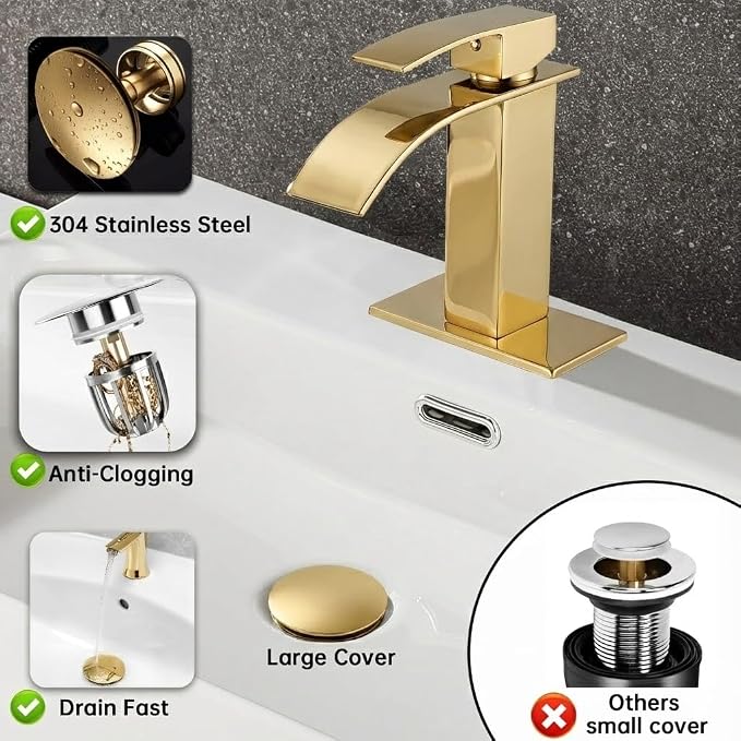 Bathroom Sink Drain Kit with Flexible Expandable Pipe: Odor-Free & Backflow-Preventing, Space-Saving Design without a P-trap, For 1-1/4'' & 1-1/2'' Drain Hole (Gold, Without Overflow)