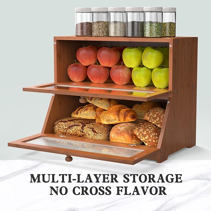 LOHASOK Bamboo Bread Box for Kitchen Countertop, Double Layer Large Bread Storage Container for Homemade Bread with Window & Lid, Bread Keeper Holder,Brown