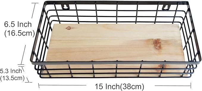 ShabbyDecor Metal Wire Basket Detachable Wood Base Storage Organizer Farmhouse Hanging Basket for Kitchen Cabinets, Bathroom, Pantry, Laundry Room,1 Pack in Black Color,Size Big