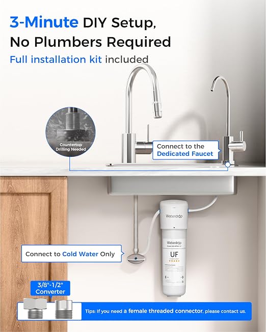 Waterdrop 10UBW-UF 0.01 μm Ultra Filtration Under Sink Water Filter System, Reduces Lead, Chlorine, Bad Taste & Odor, 1 Year, with Dedicated Brushed Nickel Faucet
