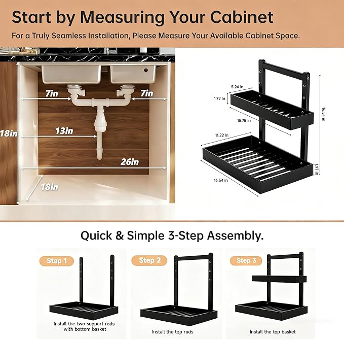2-Tier Under Sink Pull Out Organizer, Bamboo Cabinet Storage Shelf with Adjustable Height, Slide Out for Kitchen Bathroom Pantry (Black, 1 Pack)