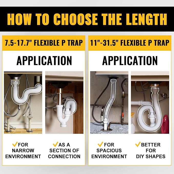 VIVIDA Sink Drain Pipe P Trap 1-1/2", Expandable Flexible Drain Pipe, 11"-31.5" Sink P Trap Kit for Kitchen, Bathroom, Restroom, 1-1/4" Adapter Included, Gray, 1 PACK