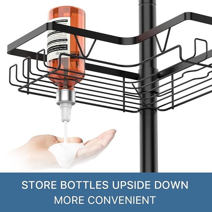 ZUNTO Shower Caddy Corner for Bathroom, Tension Pole, Adjustable 25in-114in Floor to Ceiling, Standing Shower Tension Rod Organizer with Hooks, 4 Tier Storage Shelves, Matte Black